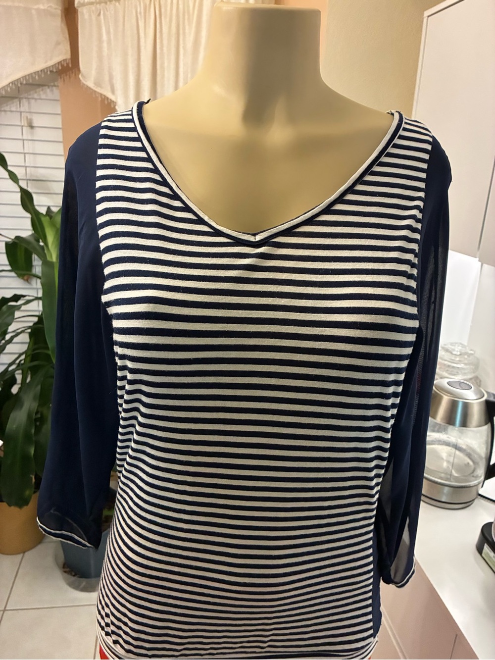 Navy & White Striped V-Neck Long Sleeve Women's Top
